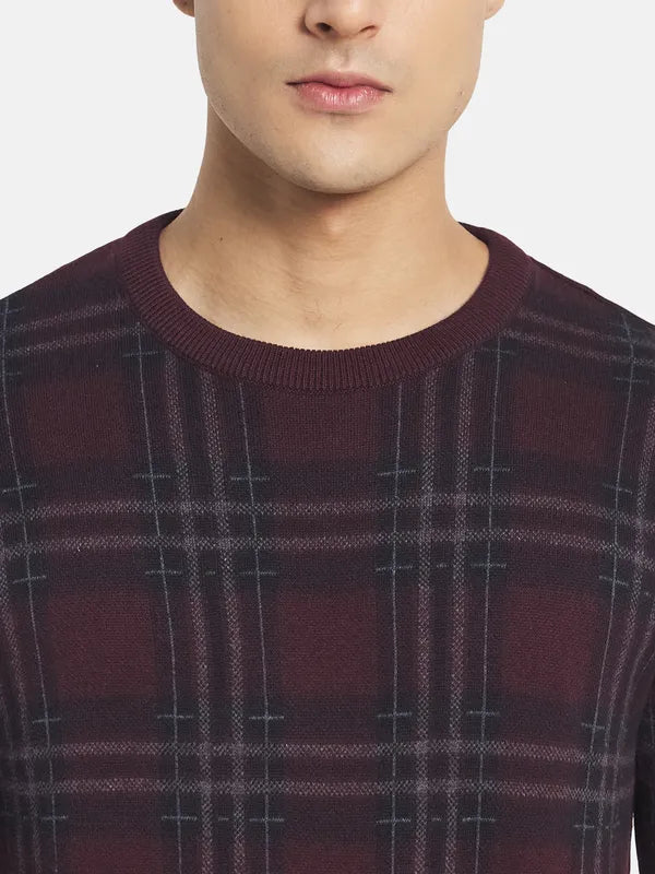 Mettle Men Maroon Black Cotton Checked Pullover