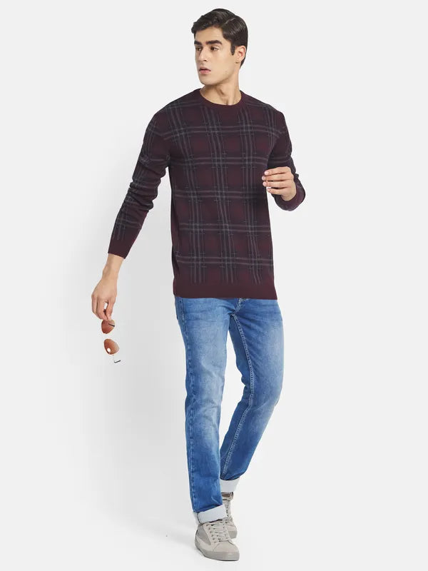 Mettle Men Maroon Black Cotton Checked Pullover