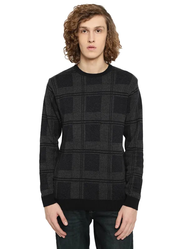 Mettle Men Navy Blue Grey Checked Checked Pullover