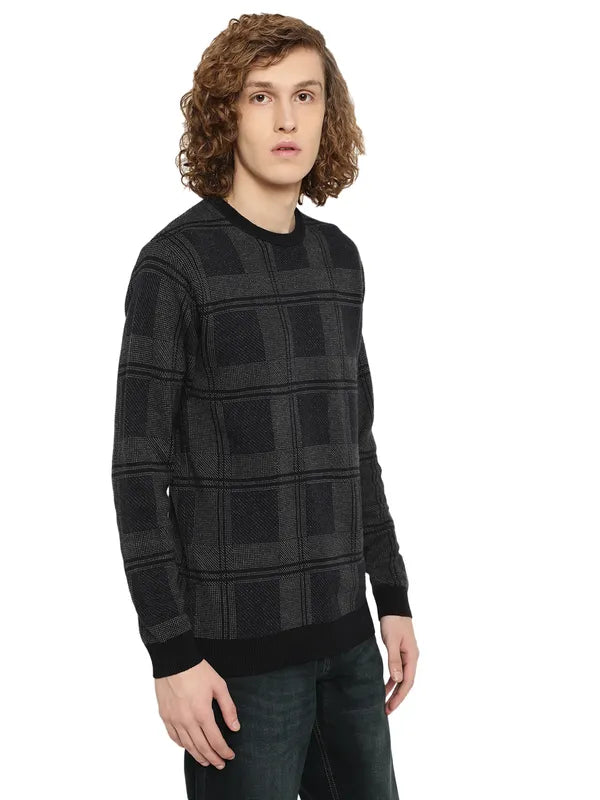 Mettle Men Navy Blue Grey Checked Checked Pullover