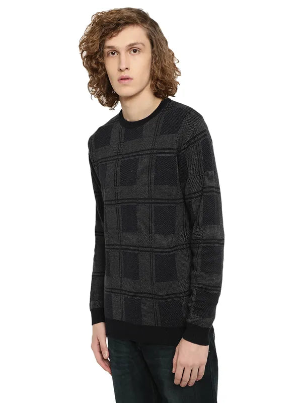 Mettle Men Navy Blue Grey Checked Checked Pullover