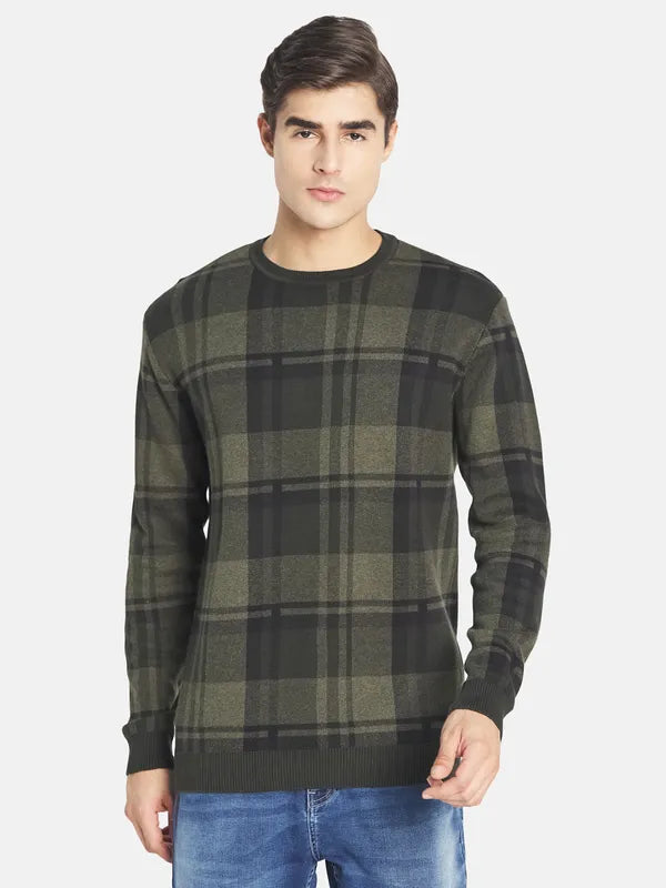 Mettle Men Olive Green Green Cotton Checked Pullover