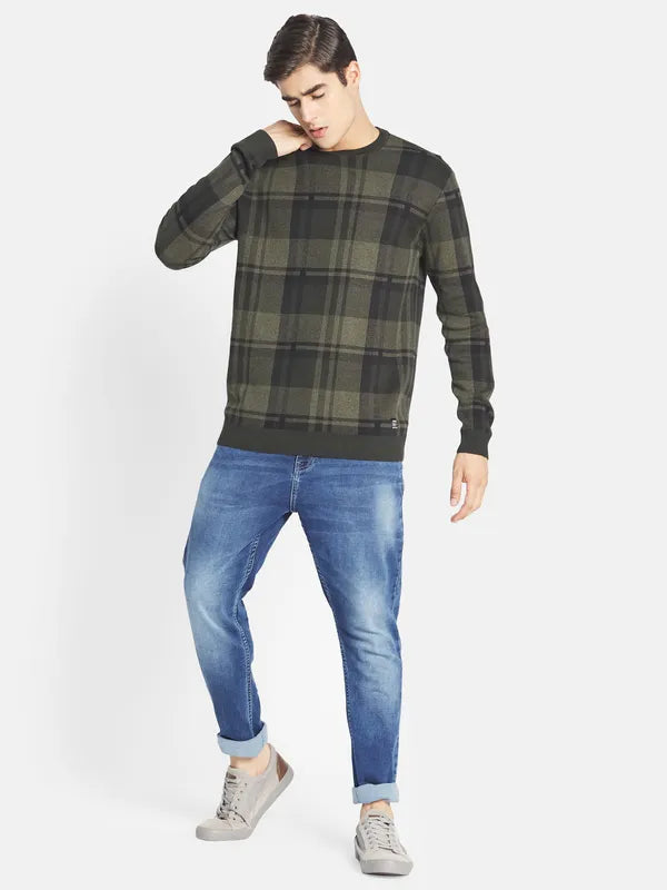 Mettle Men Olive Green Green Cotton Checked Pullover