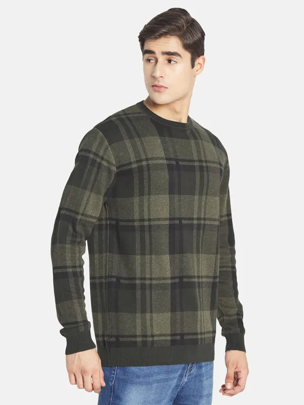 Mettle Men Olive Green Green Cotton Checked Pullover