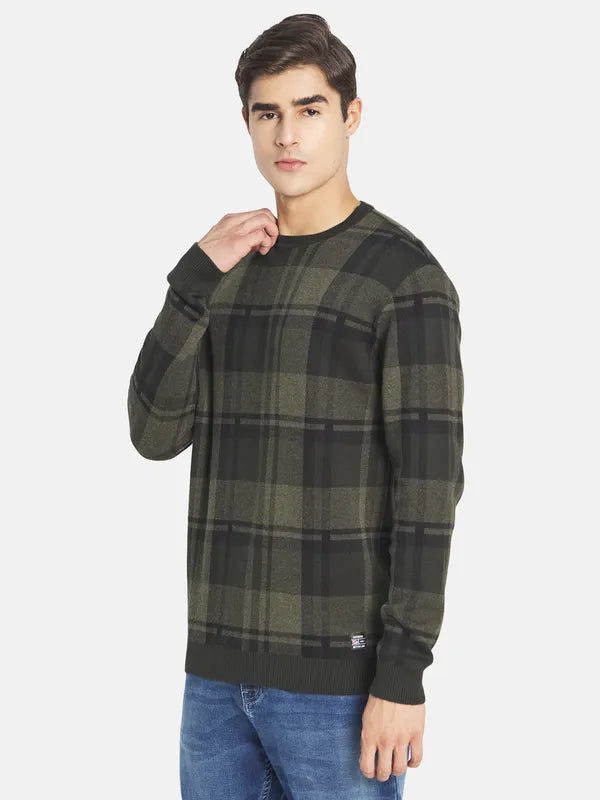 Mettle Men Olive Green Green Cotton Checked Pullover