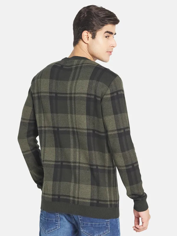 Mettle Men Olive Green Green Cotton Checked Pullover