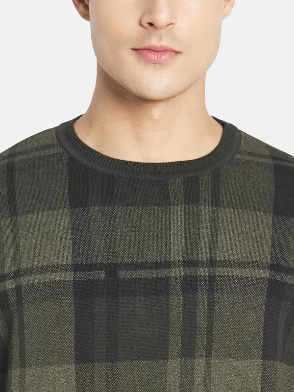 Mettle Men Olive Green Green Cotton Checked Pullover