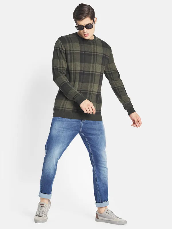 Mettle Men Olive Green Green Cotton Checked Pullover