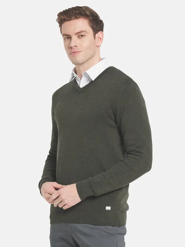 Men Olive Green V-Neck Pullover