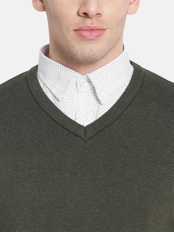 Men Olive Green V-Neck Pullover