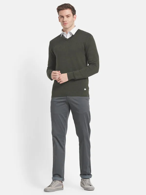 Men Olive Green V-Neck Pullover