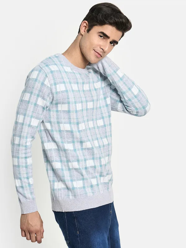 Men Grey Sea Green Checked Pullover Sweater