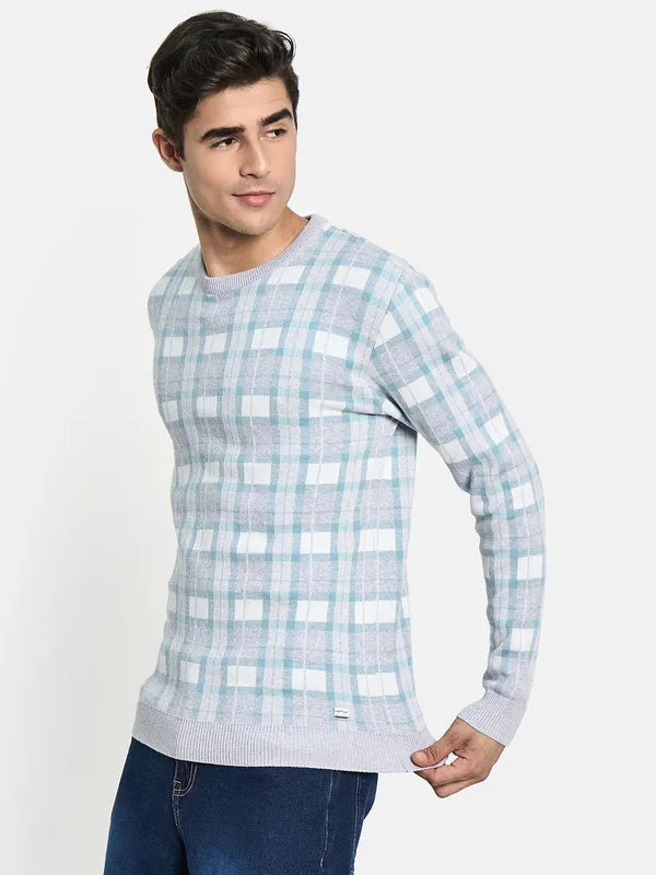 Men Grey Sea Green Checked Pullover Sweater