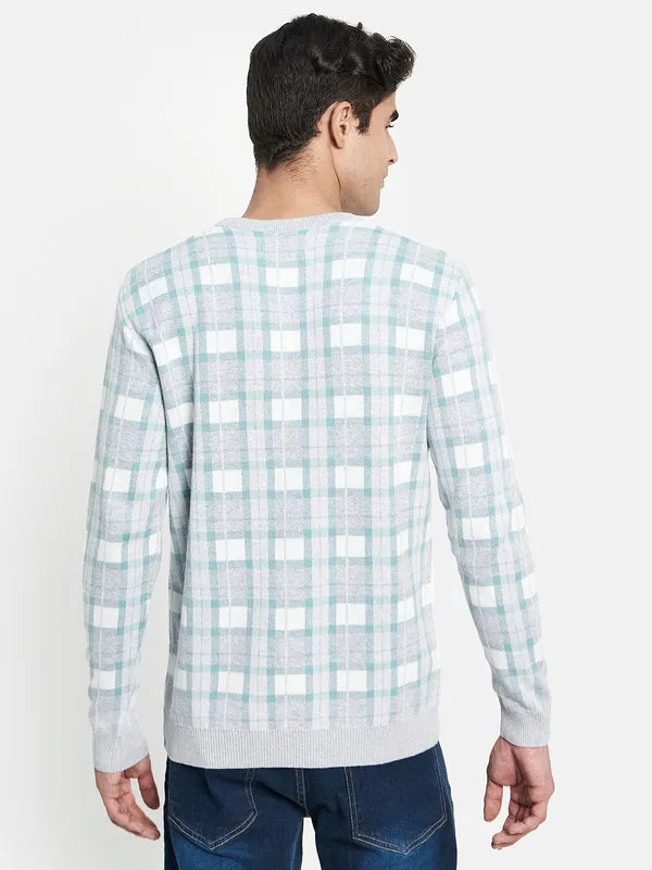 Men Grey Sea Green Checked Pullover Sweater