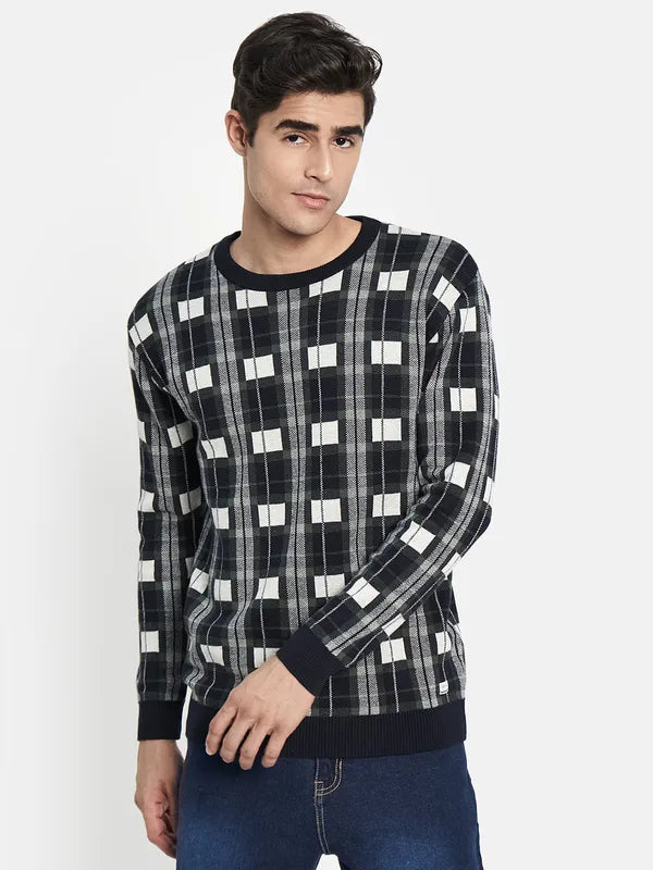 Men Navy Blue Off White Checked Pullover