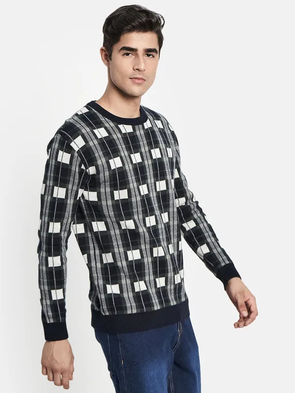 Men Navy Blue Off White Checked Pullover