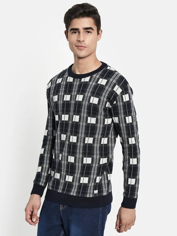 Men Navy Blue Off White Checked Pullover