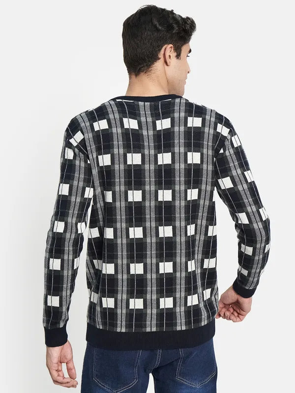 Men Navy Blue Off White Checked Pullover