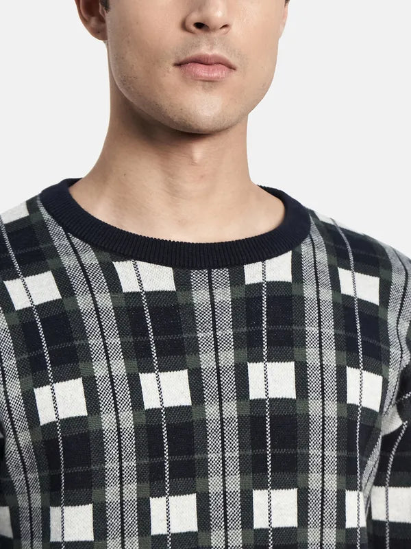 Men Navy Blue Off White Checked Pullover