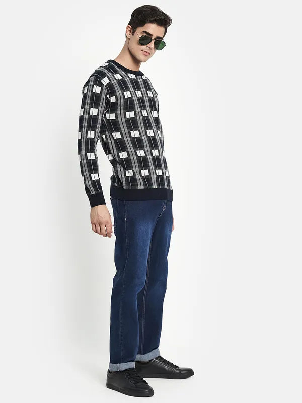 Men Navy Blue Off White Checked Pullover