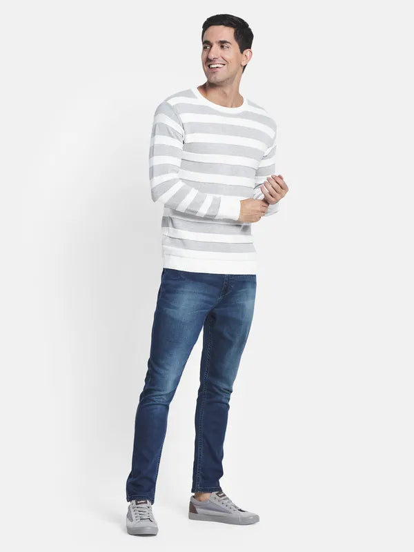 Men Grey White Striped Pullover