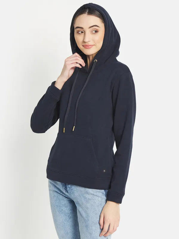 Mettle Women Navy Blue Hooded Sweatshirt