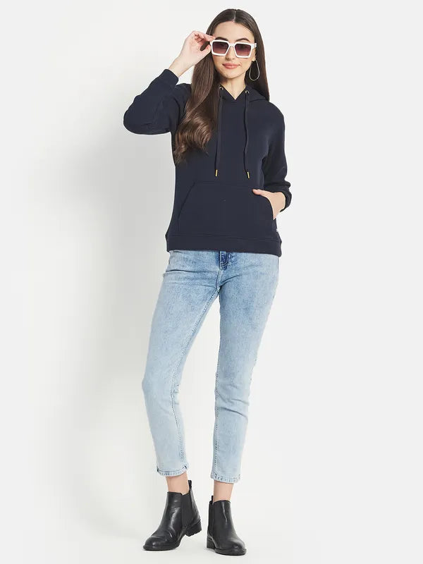 Mettle Women Navy Blue Hooded Sweatshirt