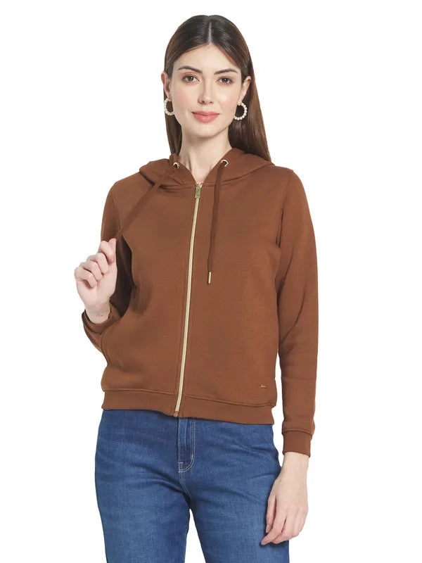 Mettle Women Brown Solid Hooded Sweatshirt