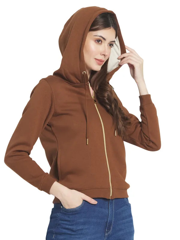 Mettle Women Brown Solid Hooded Sweatshirt