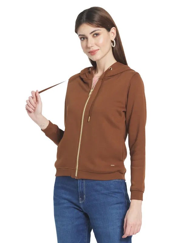 Mettle Women Brown Solid Hooded Sweatshirt