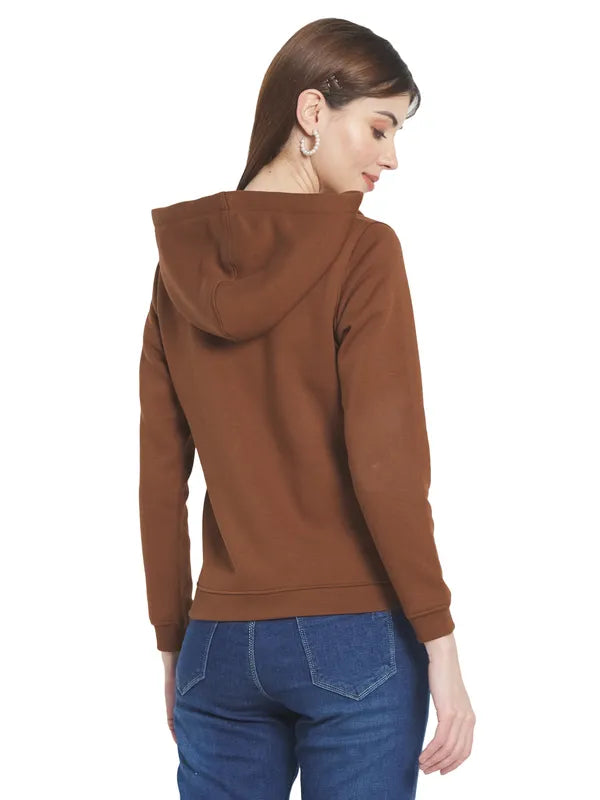 Mettle Women Brown Solid Hooded Sweatshirt