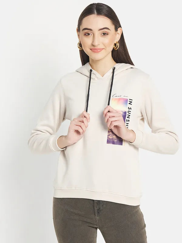 Mettle Women Cream-Coloured Printed Hooded Sweatshirt