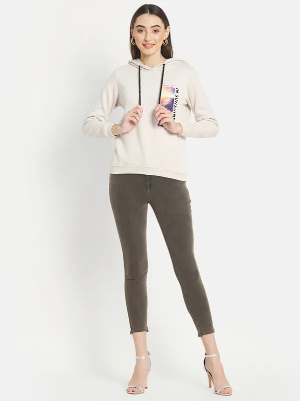 Mettle Women Cream-Coloured Printed Hooded Sweatshirt