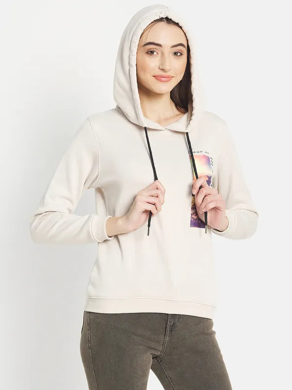 Mettle Women Cream-Coloured Printed Hooded Sweatshirt