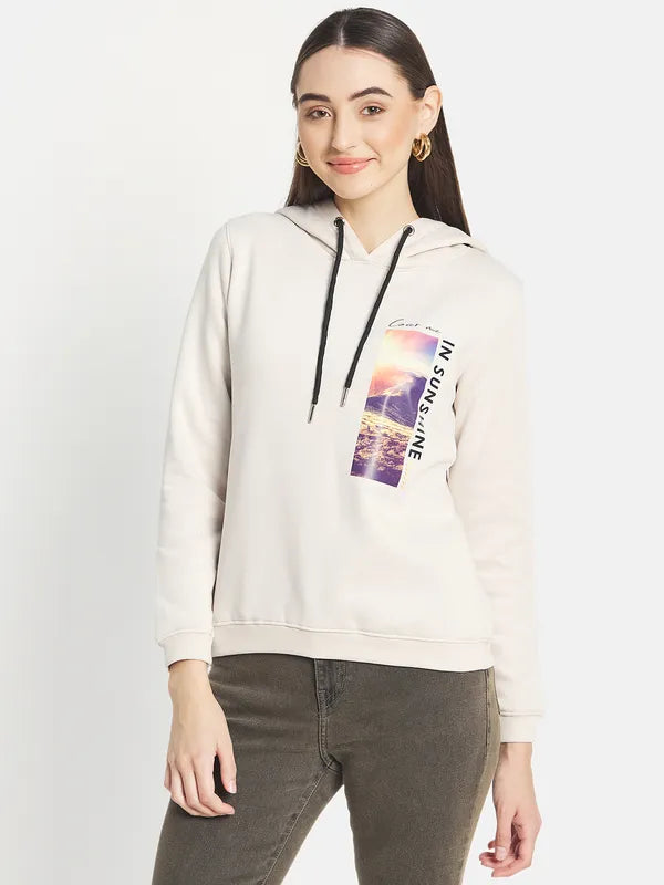 Mettle Women Cream-Coloured Printed Hooded Sweatshirt