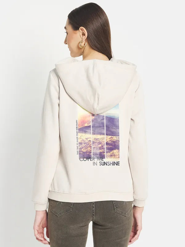 Mettle Women Cream-Coloured Printed Hooded Sweatshirt