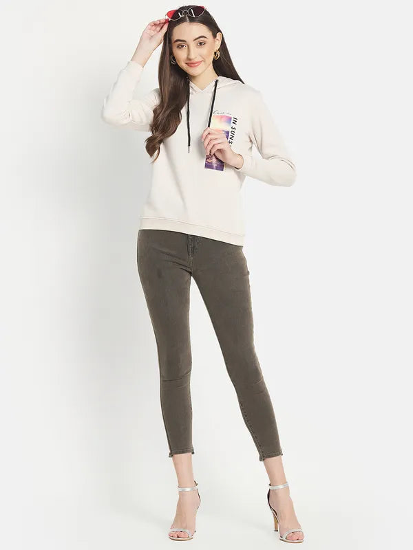 Mettle Women Cream-Coloured Printed Hooded Sweatshirt