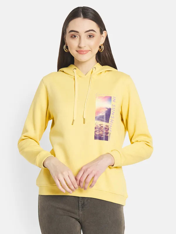 Mettle Women Yellow Printed Hooded Sweatshirt