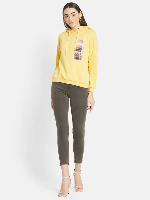 Mettle Women Yellow Printed Hooded Sweatshirt