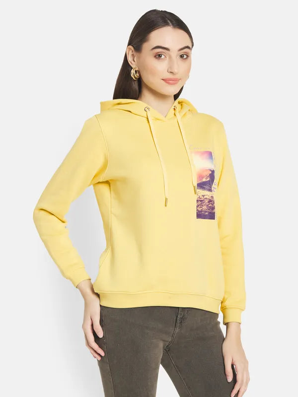 Mettle Women Yellow Printed Hooded Sweatshirt