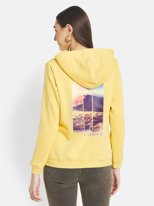 Mettle Women Yellow Printed Hooded Sweatshirt