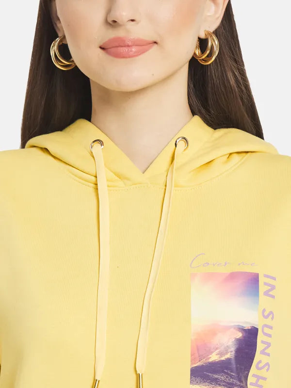 Mettle Women Yellow Printed Hooded Sweatshirt