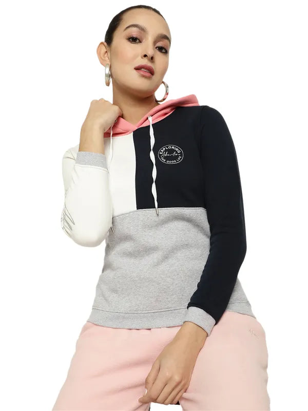 Mettle Women Navy Blue Colourblocked Hooded Sweatshirt