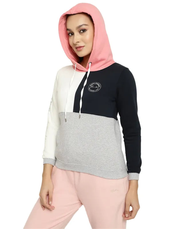 Mettle Women Navy Blue Colourblocked Hooded Sweatshirt