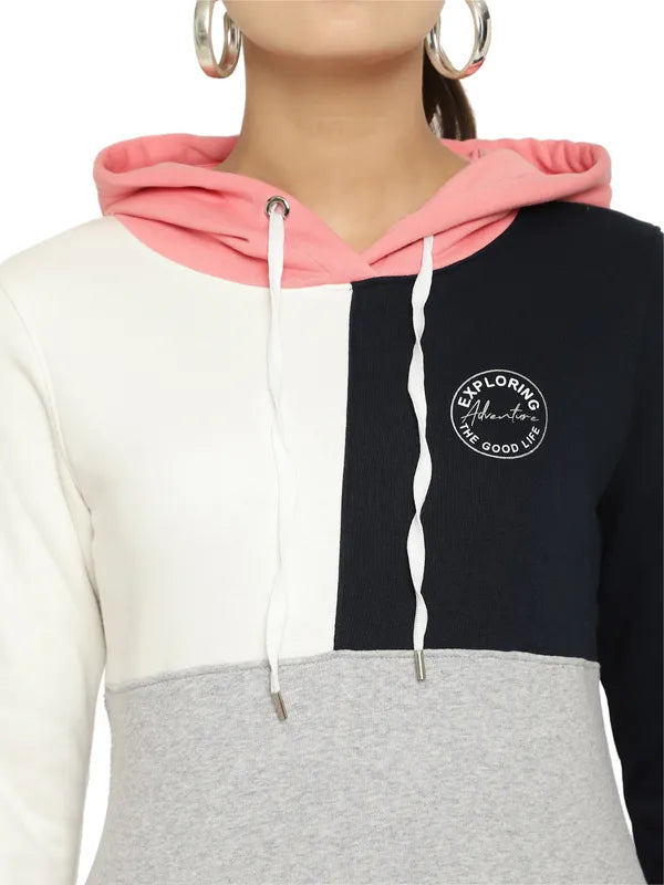 Mettle Women Navy Blue Colourblocked Hooded Sweatshirt