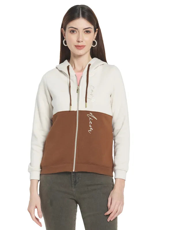 Mettle Women Brown Colourblocked Hooded Sweatshirt