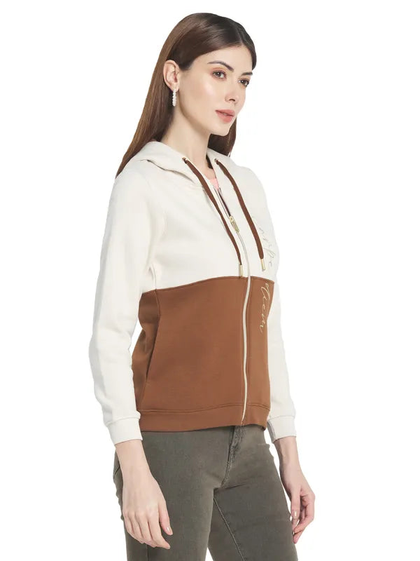 Mettle Women Brown Colourblocked Hooded Sweatshirt