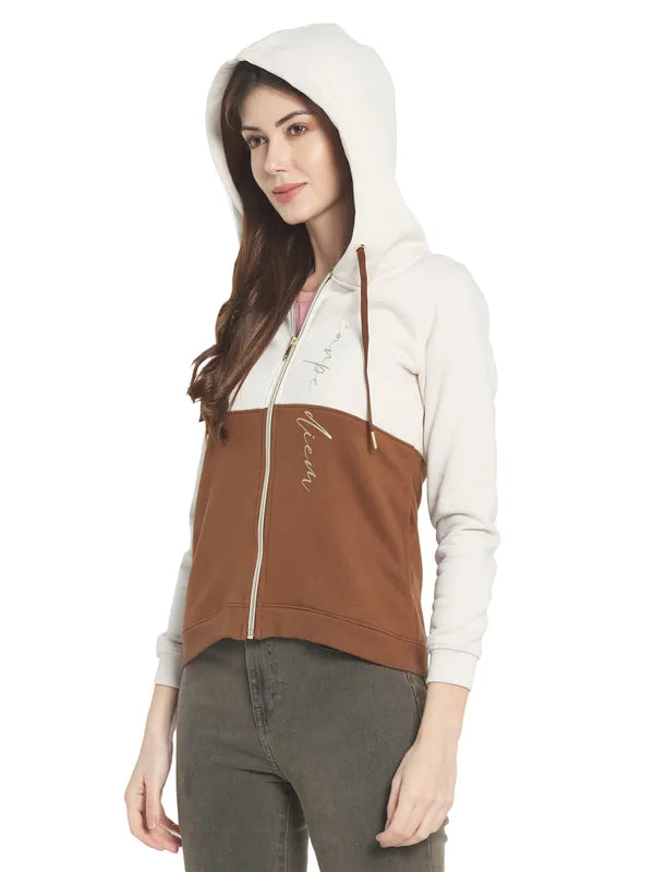 Mettle Women Brown Colourblocked Hooded Sweatshirt