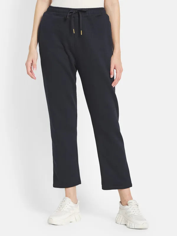 Mettle Women Navy Blue Solid Cotton Track Pants