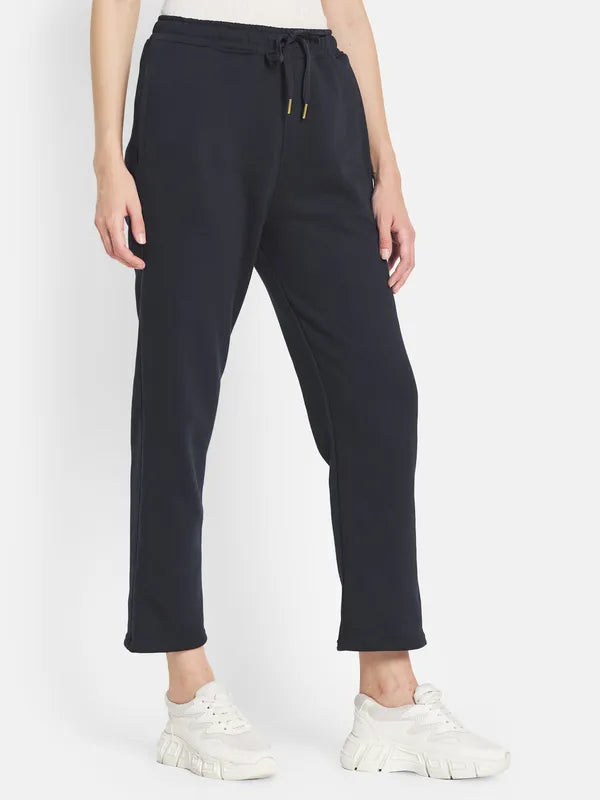 Mettle Women Navy Blue Solid Cotton Track Pants